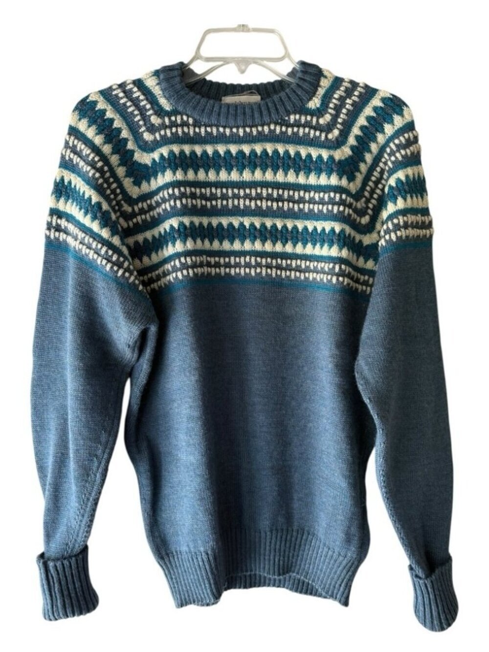 Parkhurst Vintage Wool Fair Isle Sweater Size Medium Blue Made in Canada 70s 80s
